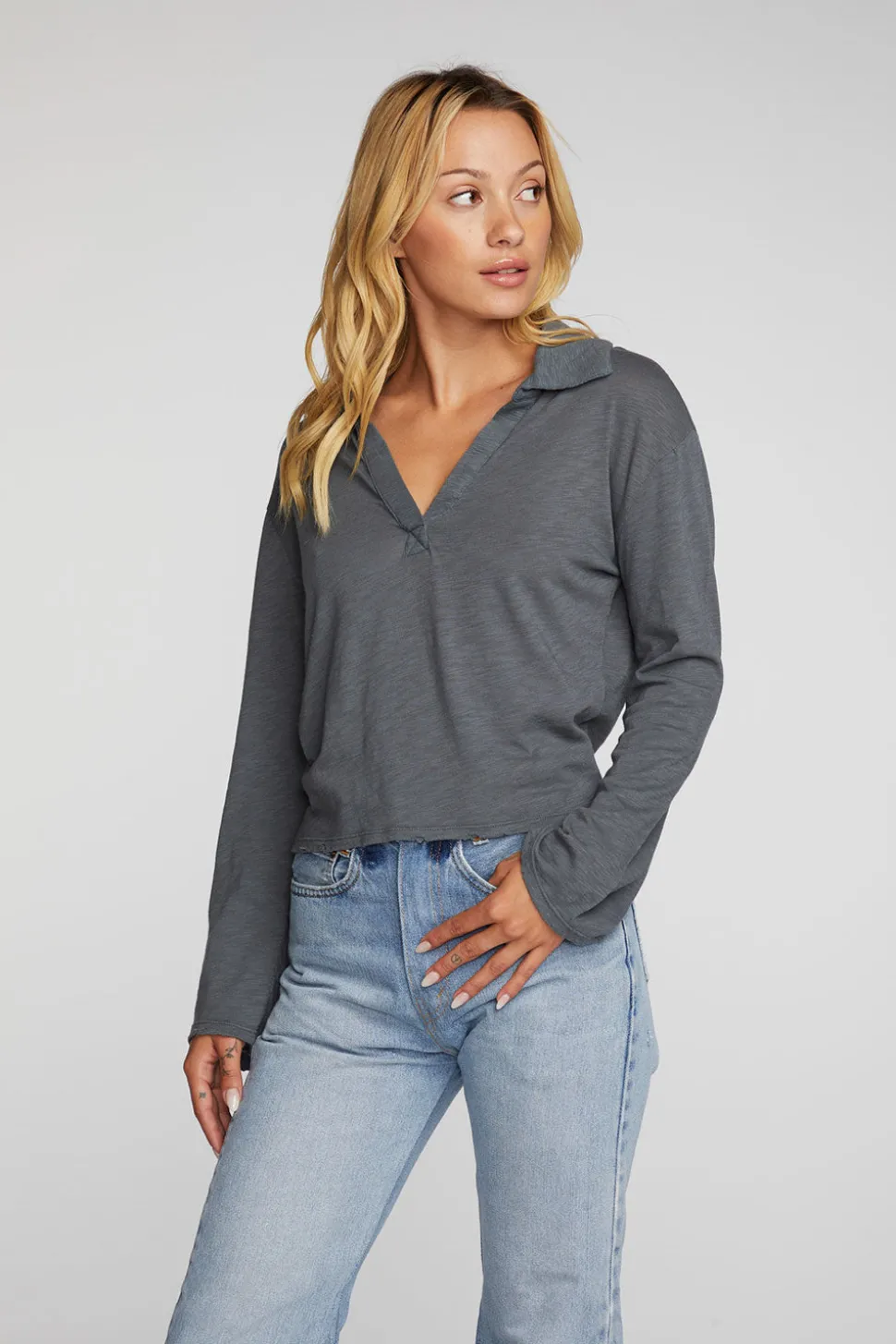 Chaser Brand Gauze Jersey Cropped Polo With Distressed Detail Long Sleeve Store